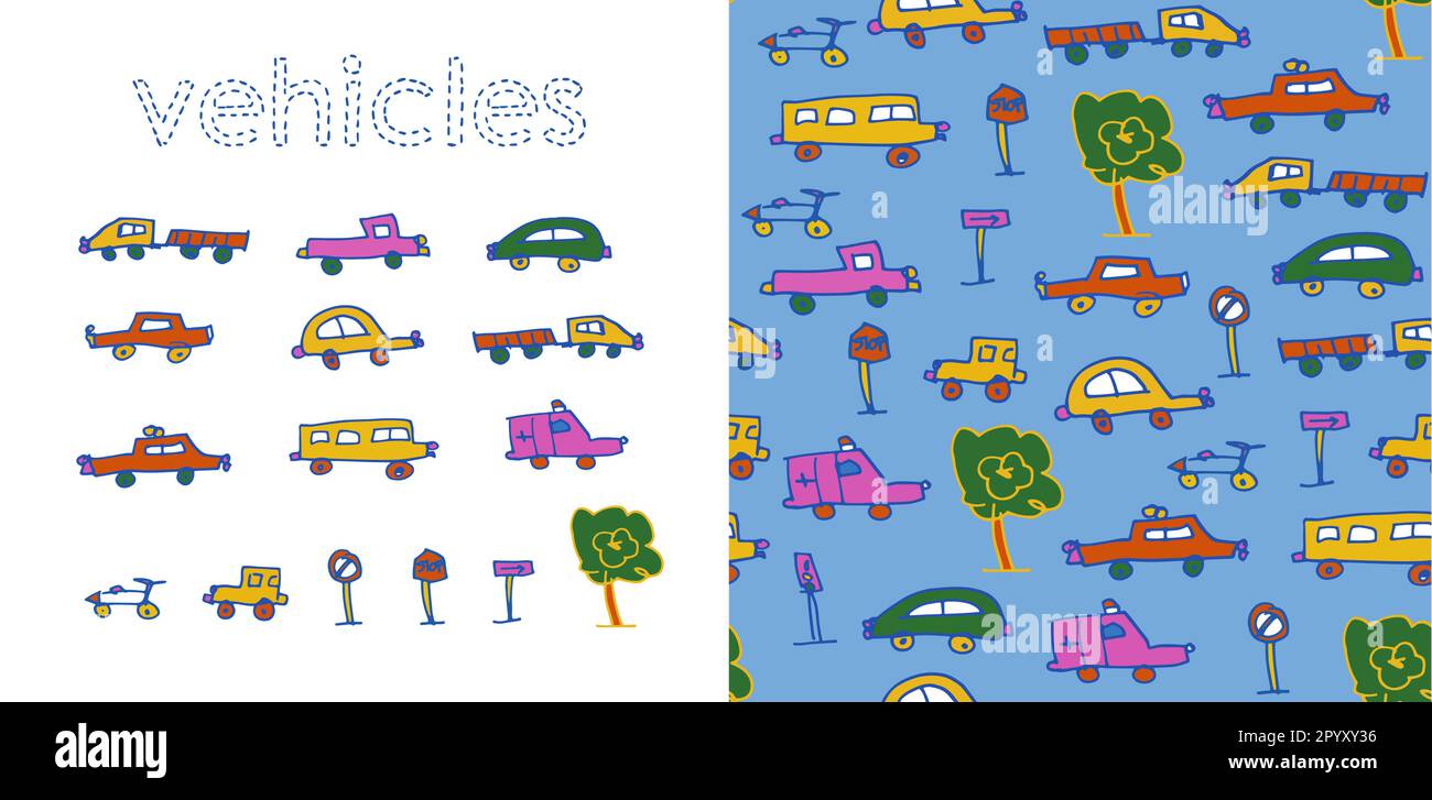 Fahrzeuge Kinder kritzeln nahtlos mit Muster und Vektordesign. Autos und Stadtelemente im handgezeichneten Stil auf isoliertem weißem und blauem Hintergrund. Stock Vektor
