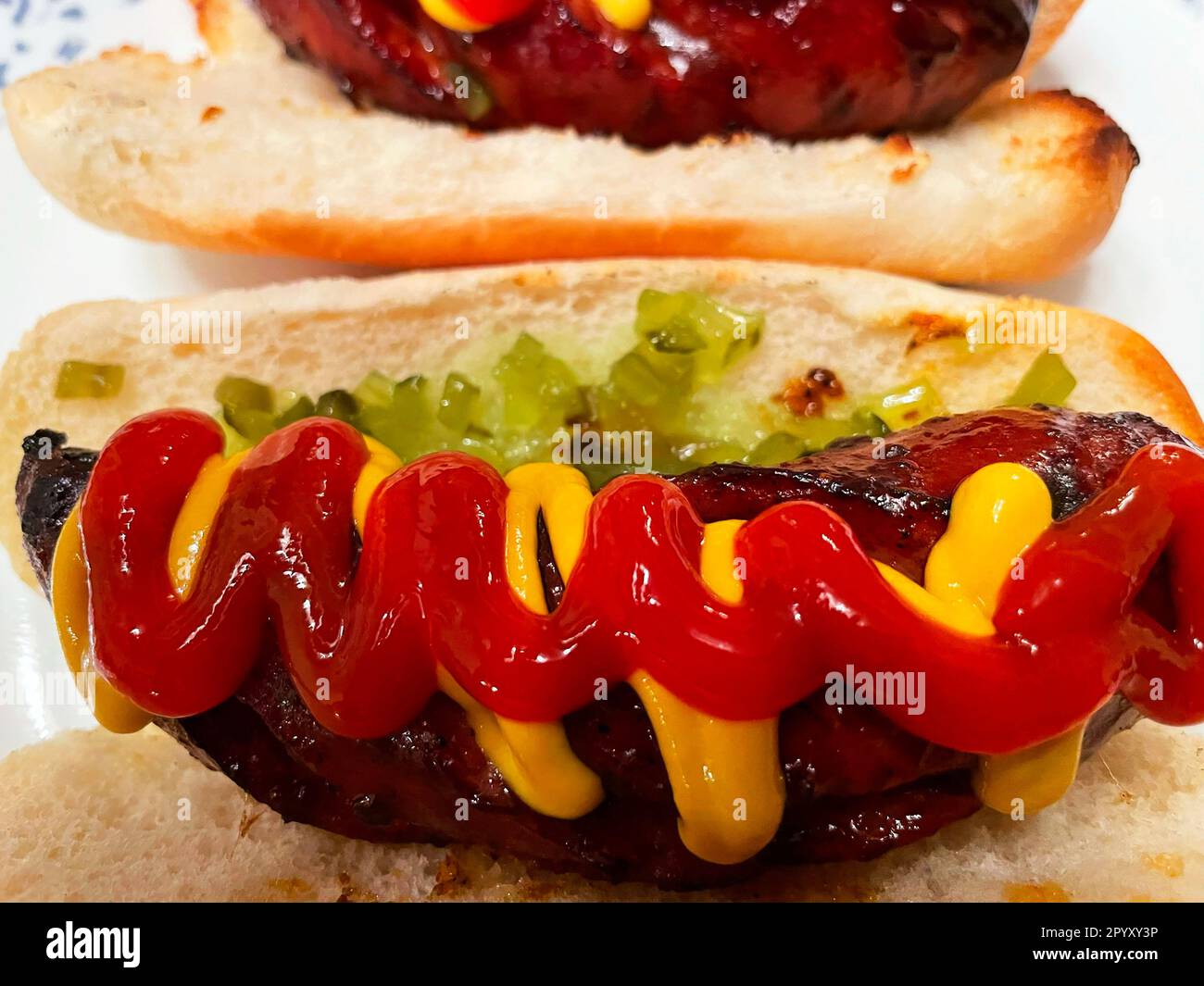 Nahaufnahme einer polnischen Wurst auf einem getoasteten Hotdog-Brötchen mit Ketchup, Senf und Relish. Stockfoto