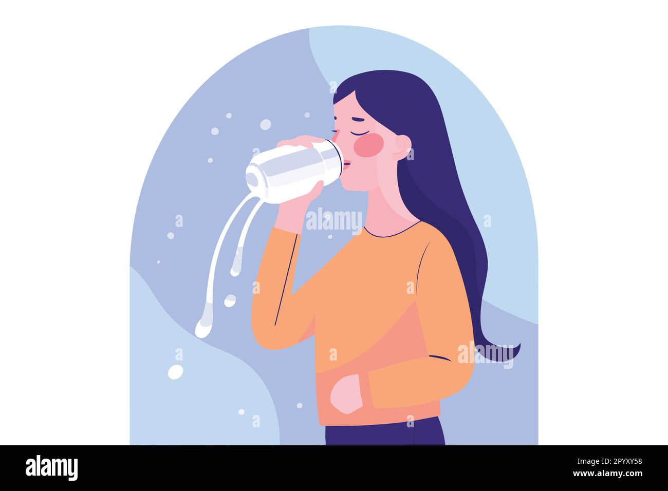 Ein Mädchen, das Milch aus einer Flasche trinkt, und ein Mädchen, das Wasser trinkt, eine flache Vektordarstellung Stock Vektor
