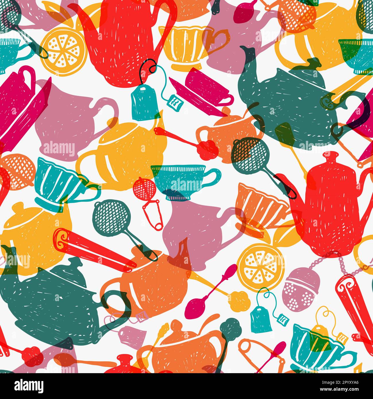 Tea Time mehrfarbiges, nahtloses Muster-Vektordesign. Farbenfrohe Küchenelemente im handgezeichneten Stil auf weißem Hintergrund. Zur Verwendung für Stoff, Dekoration, Wal Stock Vektor
