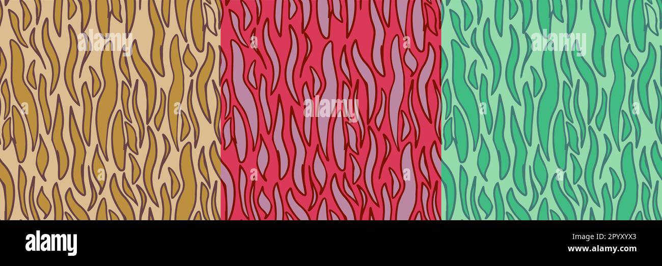Abstraktes Wellendesign mit nahtlosem Muster. Von Hand gezeichnete wellenförmige Flammen auf isoliertem gelben, roten und grünen Hintergrund. Für Stoff, Tapete und Stock Vektor