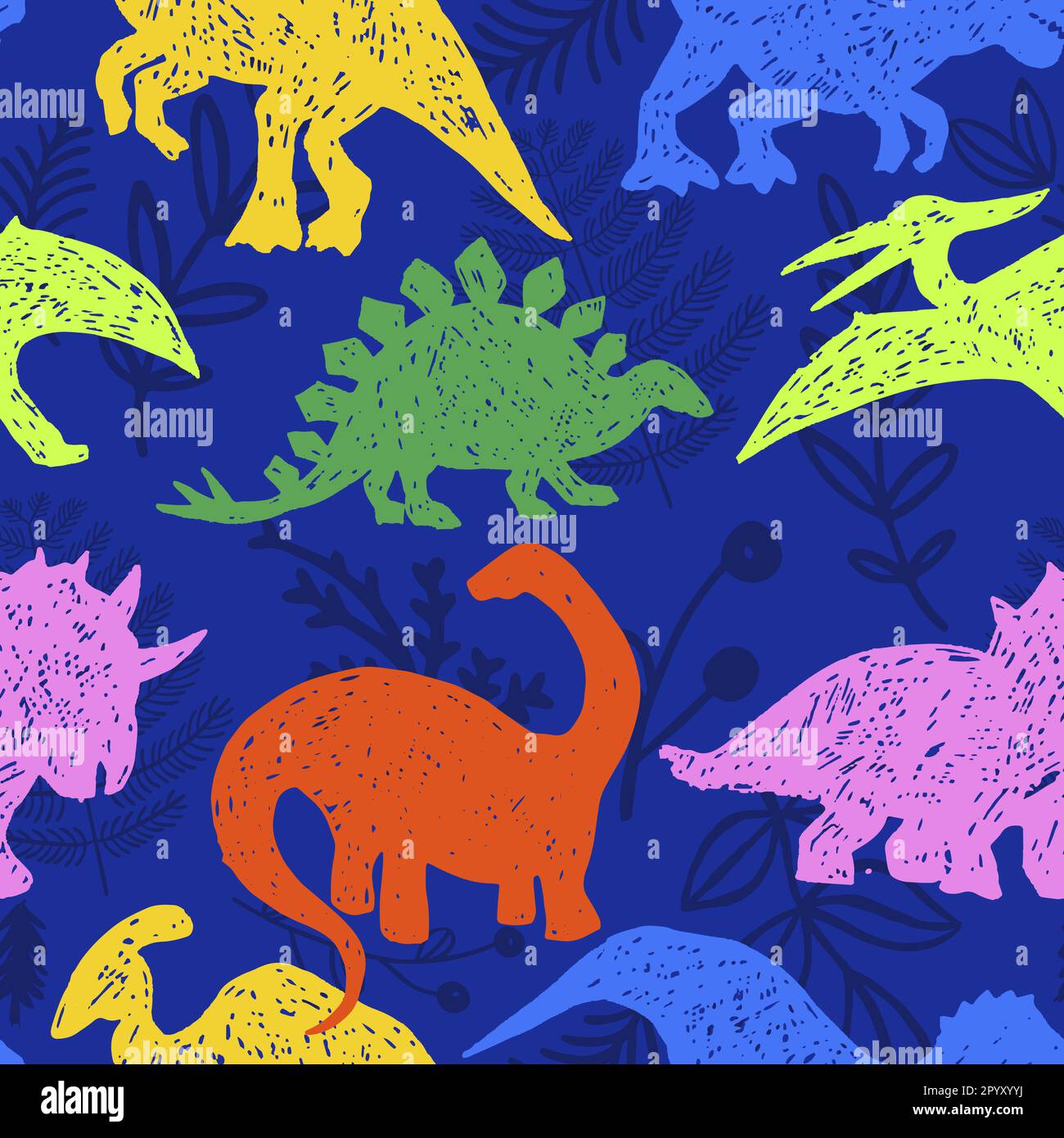 Dinosaurier und tropische Blätter, nahtloses Muster-Vektordesign. Antike Tiere im handgezeichneten Stil auf isoliertem blauem Hintergrund. Für Tapeten, Fabr Stock Vektor