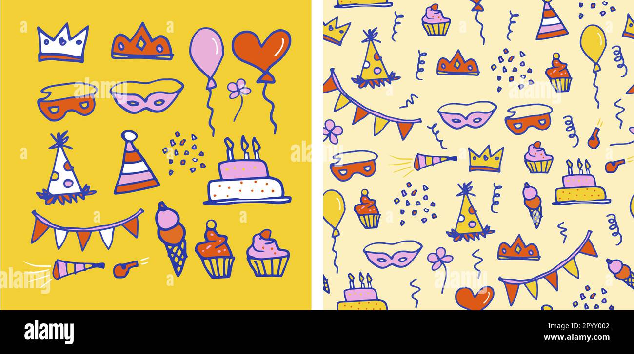 Happy Birthday Doodle nahtloses Muster-Set Vektordesign. Festliche Elemente im handgezeichneten Stil auf gelbem Hintergrund. Für Stoff, Tapete und Stock Vektor