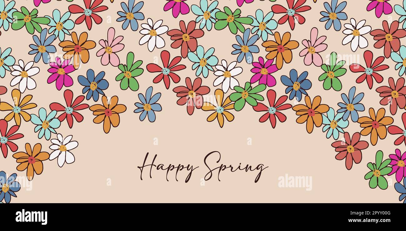 „Happy Spring“-Blumenbanner. Farbenfrohe, natürliche Elemente im Freihandstil auf beigefarbenem Hintergrund. Zur Verwendung für Tapeten, Stoff und Verpackung Stock Vektor