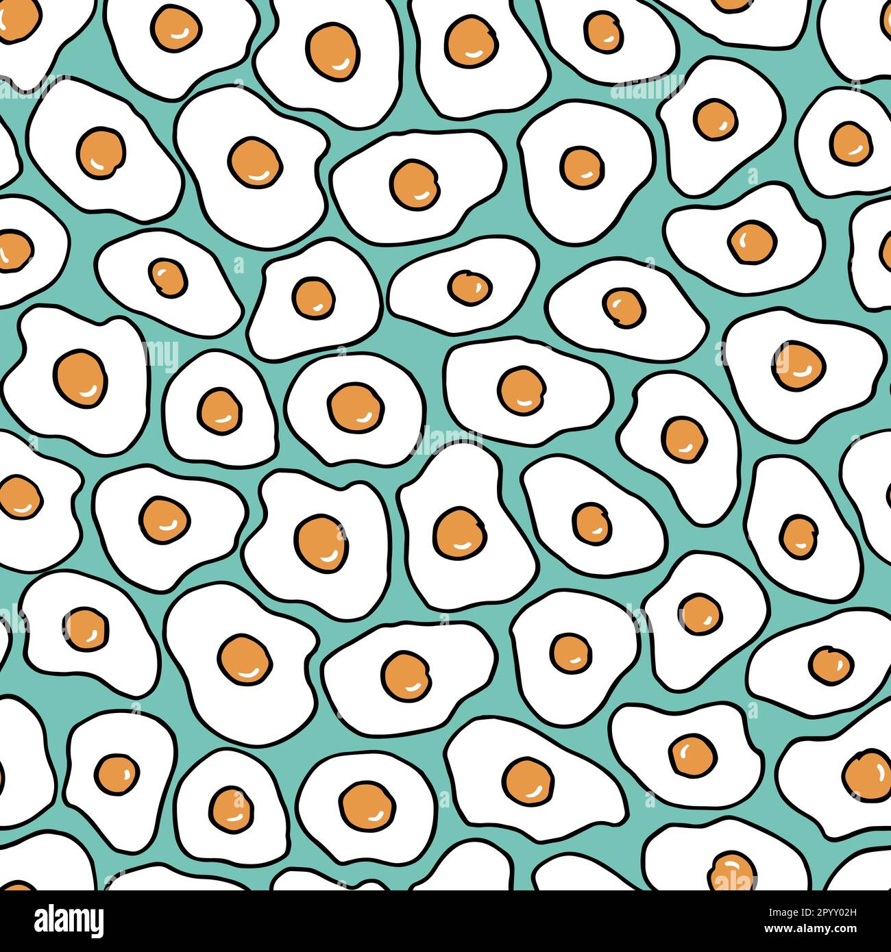 Frittiertes Ei, nahtloses Muster im Hintergrund, Vektordesign. Speiseelemente in handgezeichneter Form auf isoliertem hellblauem Hintergrund. Für Tapeten, Stoff und Stock Vektor