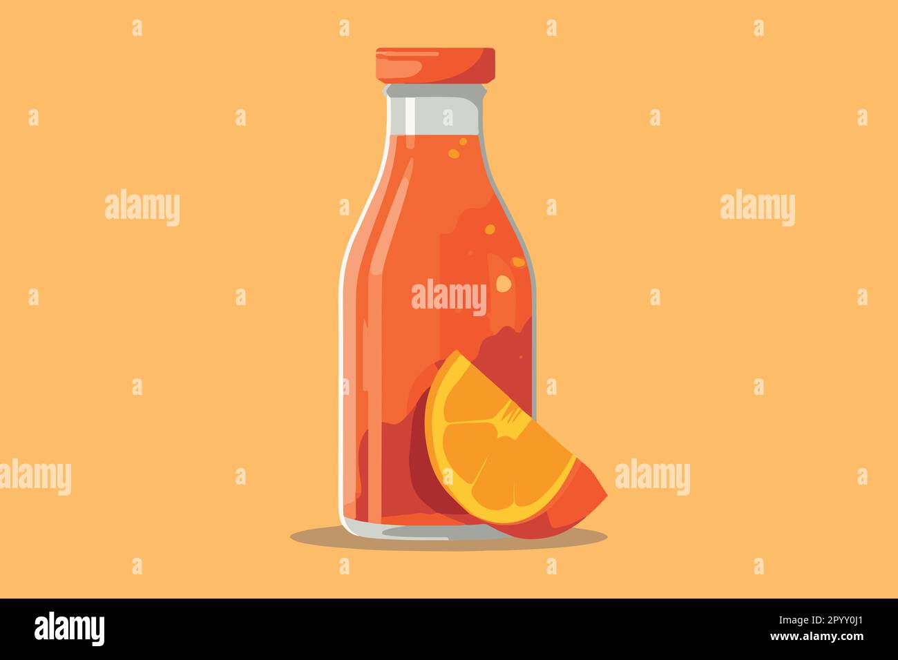Orangenflasche Orangensaft mit einer Scheibe Orangensaft auf der oberen Vektorabbildung Stock Vektor