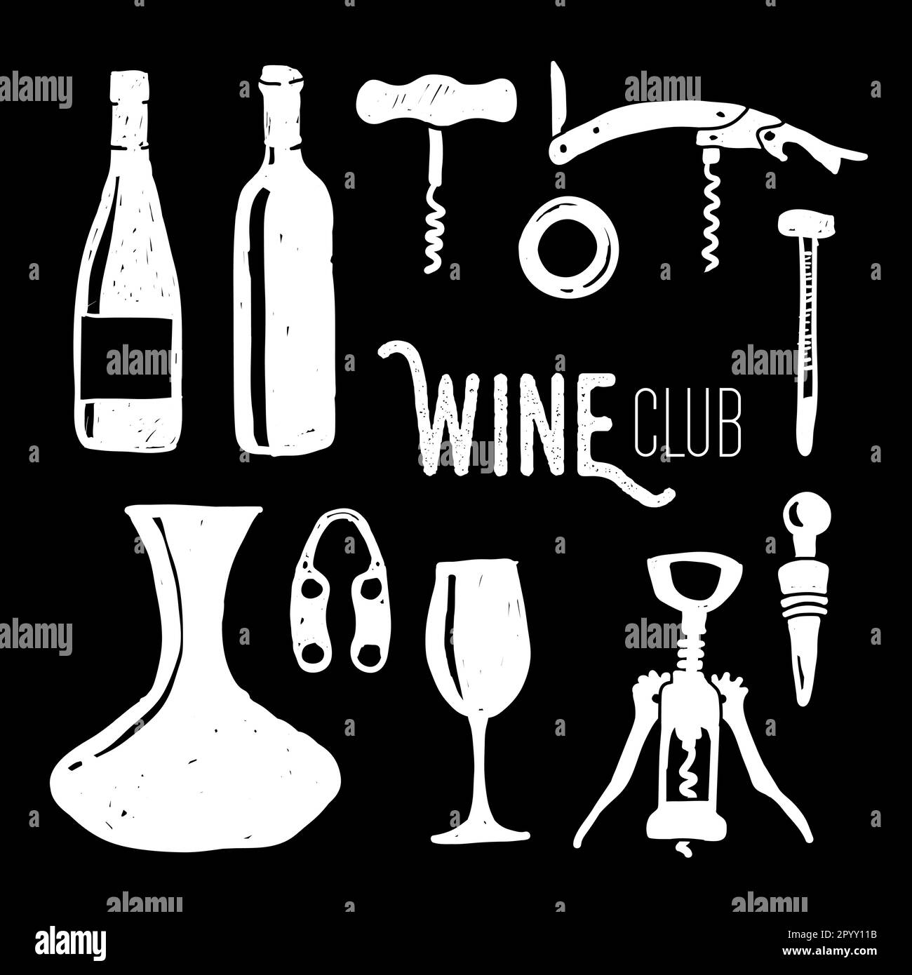 Schwarz-weißer Weinklub mit Kritzelvektordesign. Einfarbige Küchenelemente auf isoliertem Hintergrund. Zur Dekoration, zum Einwickeln von Papier und Tapeten. Stock Vektor