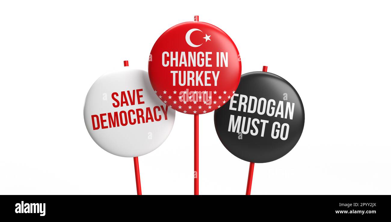 Veränderung in der Türkei, Sichere Demokratie, Erdogan muss Text auf ein farbiges türkisches Abzeichen schreiben, General- und Präsidentschaftswahlen in der Türkei 2023, zurück Stockfoto