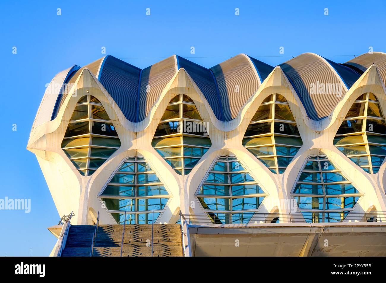 Valencia, Spanien - 17. Juli 2022: Details der Außenarchitektur des Principe Felipe Science Museum (Spanisch: Museo de las Ciencias Príncipe Fe Stockfoto