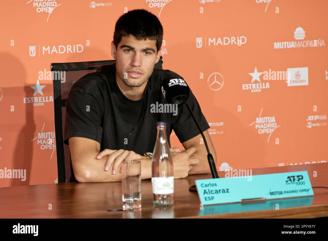 Madrid, Spanien. 05. Mai 2023. Tennis: Mutua Madrid Open Tennis Turnier - Madrid, Pressekonferenz: Carlos Alcaraz (E). Kredit: EnriquePSans/Alamy Live News Stockfoto