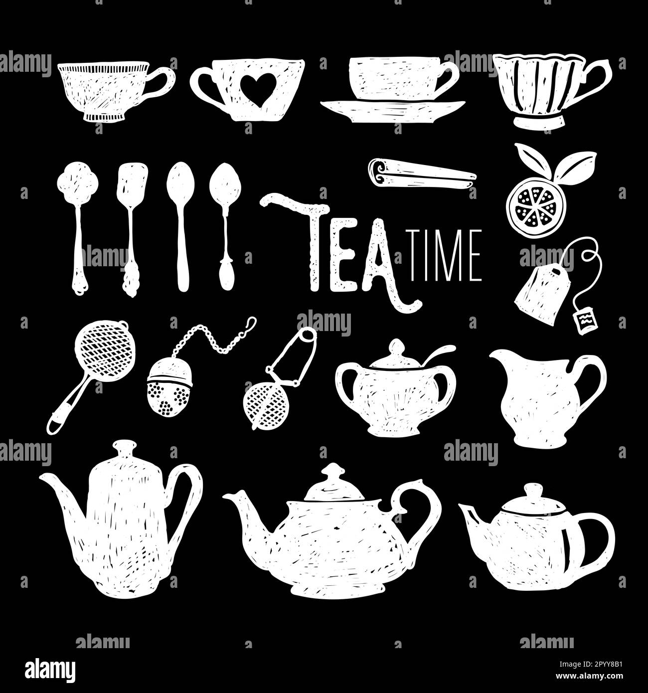 Schwarz-weißer Teezeitpunkt – Vektordesign. Einfarbige Teegeschirr-Elemente auf isoliertem Hintergrund. Kunstpinsel, Handzeichnung Stock Vektor