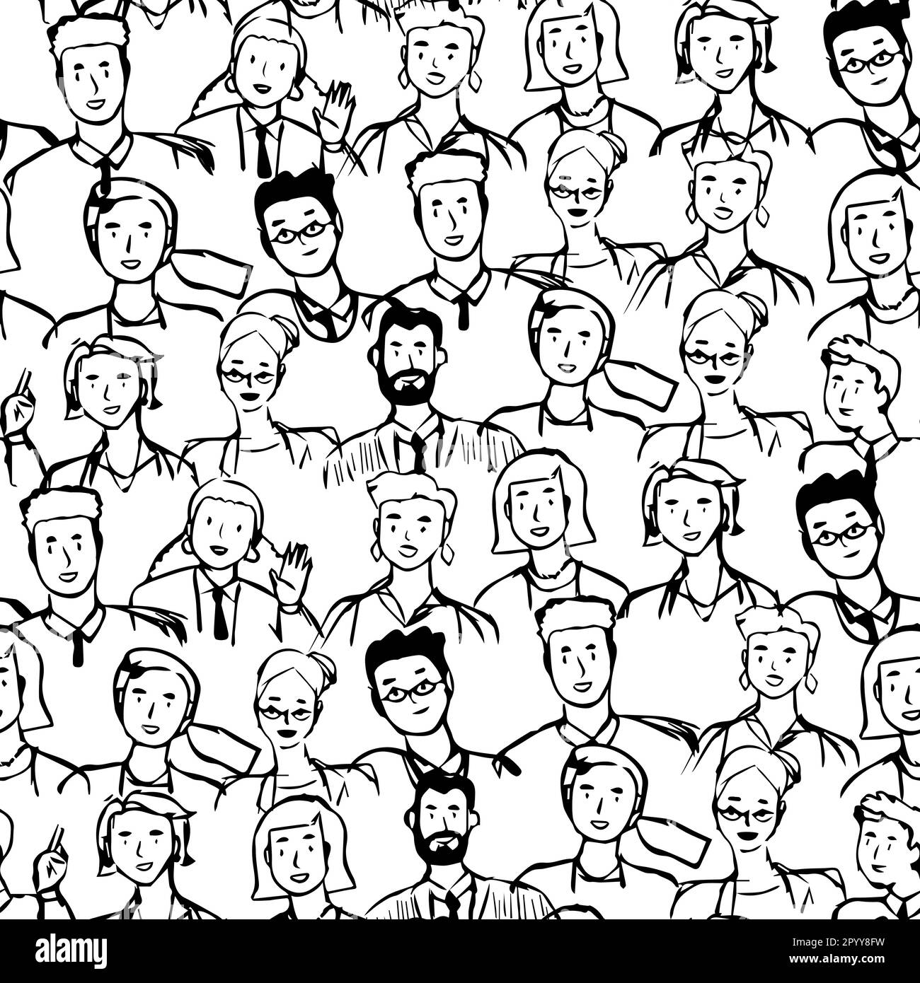 Verschiedene Menschen in der Hand zeichnen nahtlose Musterbeispiele. Verschiedene Männer- und Frauengruppen mit schwarzen Linien auf isoliertem Hintergrund im Doodle-Styl Stock Vektor