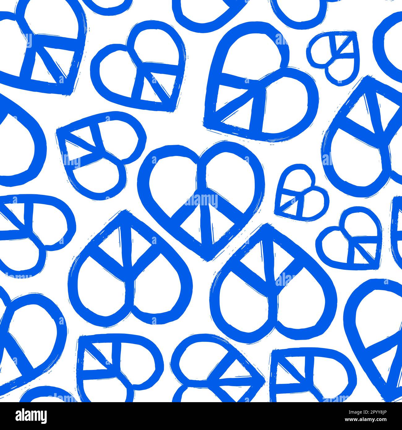 Symbol für Frieden und Liebe in Pinselstrich nahtlose Musterdarstellung. Herzförmiges Symbol in moderner grunge blauer Farblinie auf isoliertem weißem Hintergrund Stock Vektor
