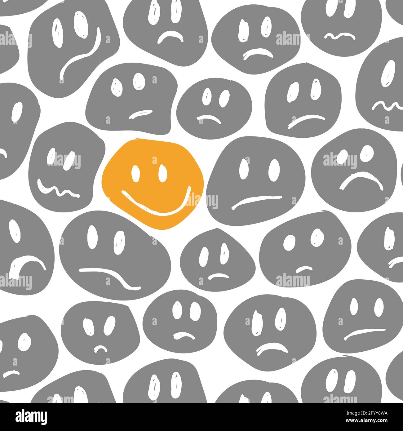 Abstrakte Gesichter mit fröhlichen und traurigen Ausdrücken in Zeichentrickfilmen. Handgezeichnete nahtlose Mustervektordarstellung. Perfekt für die Verwendung auf Fab Stock Vektor