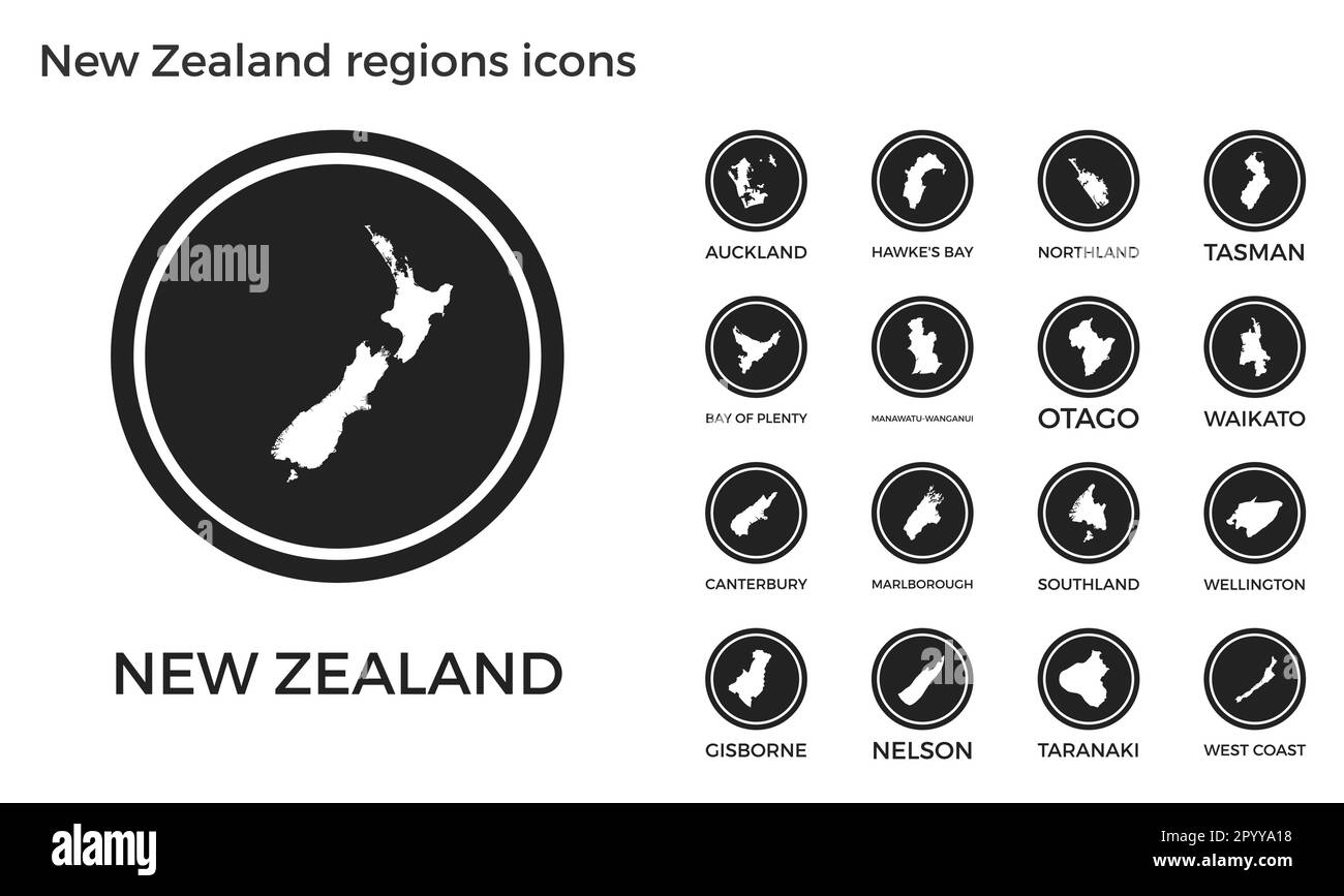 Symbole für Neuseeland. Schwarze runde Logos mit Karten und Titeln der jeweiligen Region. Vektordarstellung. Stock Vektor