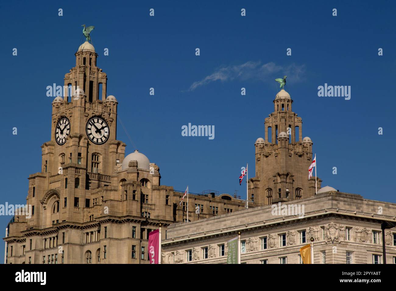 Royal Liver Building und Cunard Building, Liverpool, Merseyside, England, Großbritannien. Historische Sehenswürdigkeiten am Wasser und Teil des UNESCO-Weltkulturerbes Stockfoto