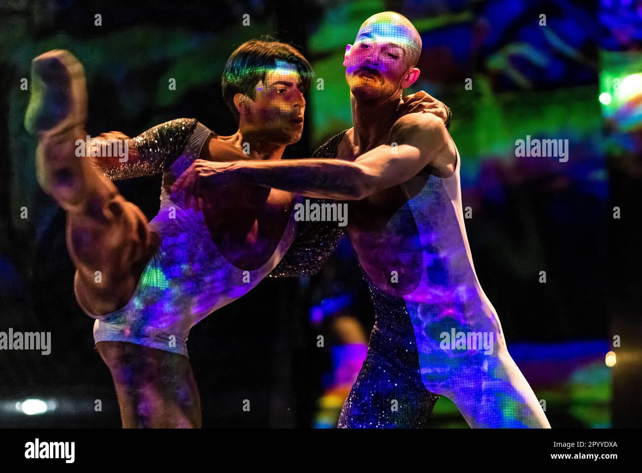 Cottbus, Deutschland. 04. Mai 2023. Die Tänzer Alessandro Giachetti (l) und Alyosa Forlini tanzen während einer Fotoprobe für „Freddie“ in der Kammerbühne des Cottbus State Theater. Die Weltpremiere von James Sutherlands Ballettabend über Freddie Mercury findet am 6. Mai 2023 statt. Kredit: Frank Hammerschmidt/dpa/Alamy Live News Stockfoto