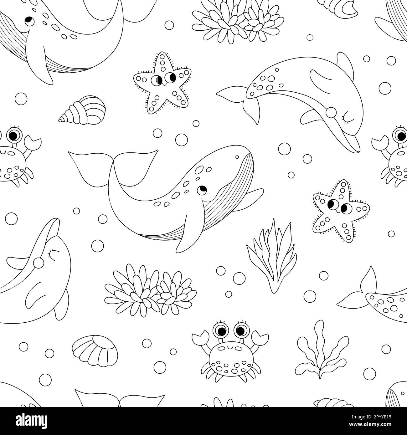 Vector Schwarz-Weiß unter dem Meer nahtloses Muster. Wiederholen Sie den Hintergrund mit Delfinen, Walen, Sternen, Krabben, Algen. Ocean Life Digitalpapier. Spaß Stock Vektor