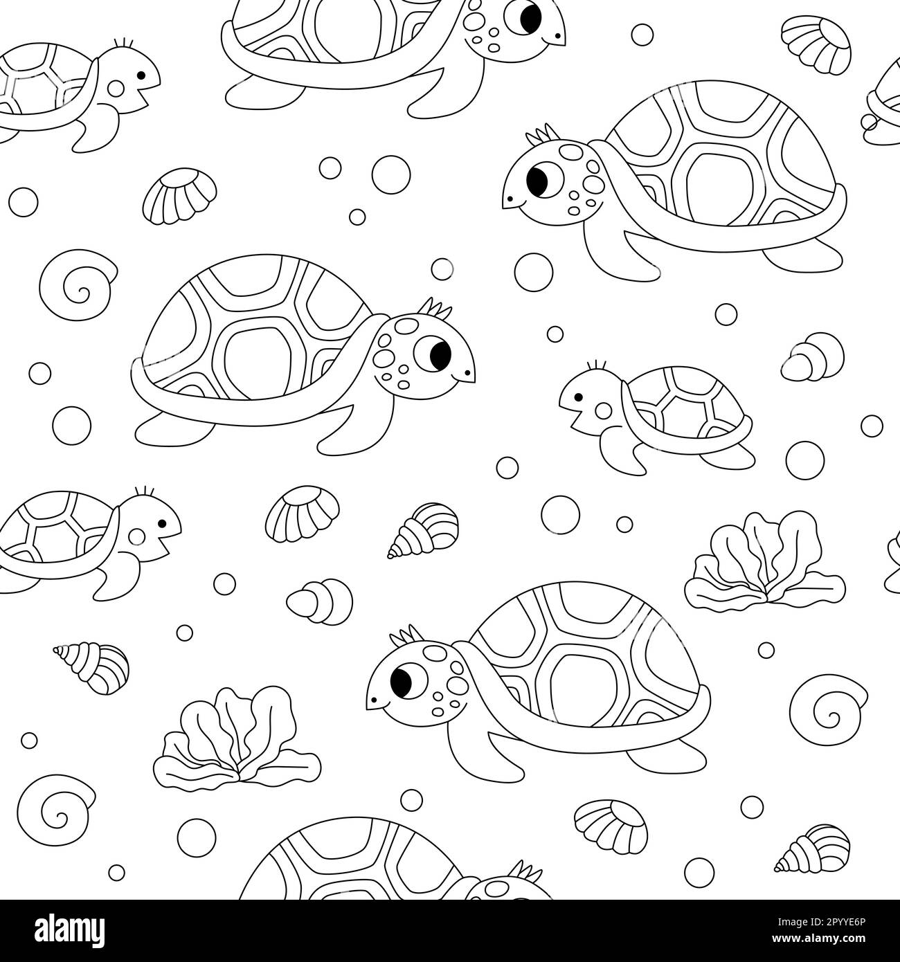 Vector Schwarz-Weiß unter dem Meer nahtloses Muster. Wiederholen Sie den Hintergrund der Linie mit Schildkröte und ihrem Baby. Ocean Life Digitalpapier. Lustiges Wassertier Stock Vektor
