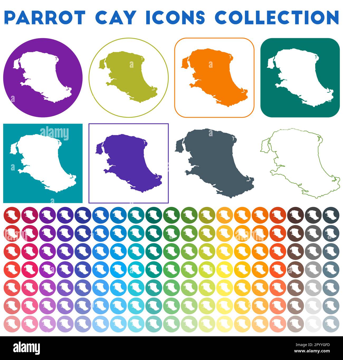 Parrot Cay Icons Kollektion. Bunte, trendige Kartensymbole. Modernes Parrot Cay-Abzeichen mit Inselkarte. Vektordarstellung. Stock Vektor