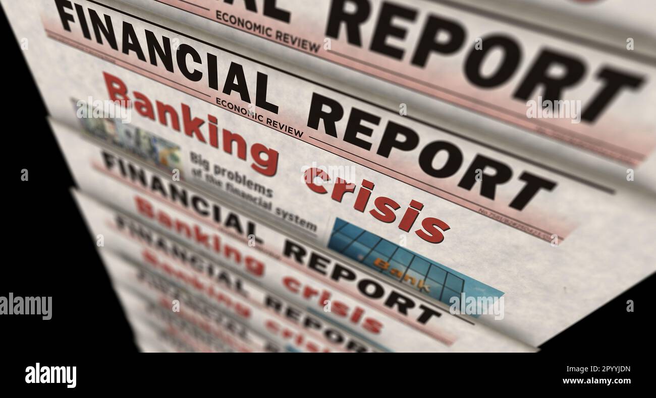 Bankenkrise, Wirtschaftsfinanzierung und globale Rezession, Jahrgangsnachrichten und Zeitungsdruck. Abstrakte Darstellung der Überschriften im Retro-Design 3D. Stockfoto