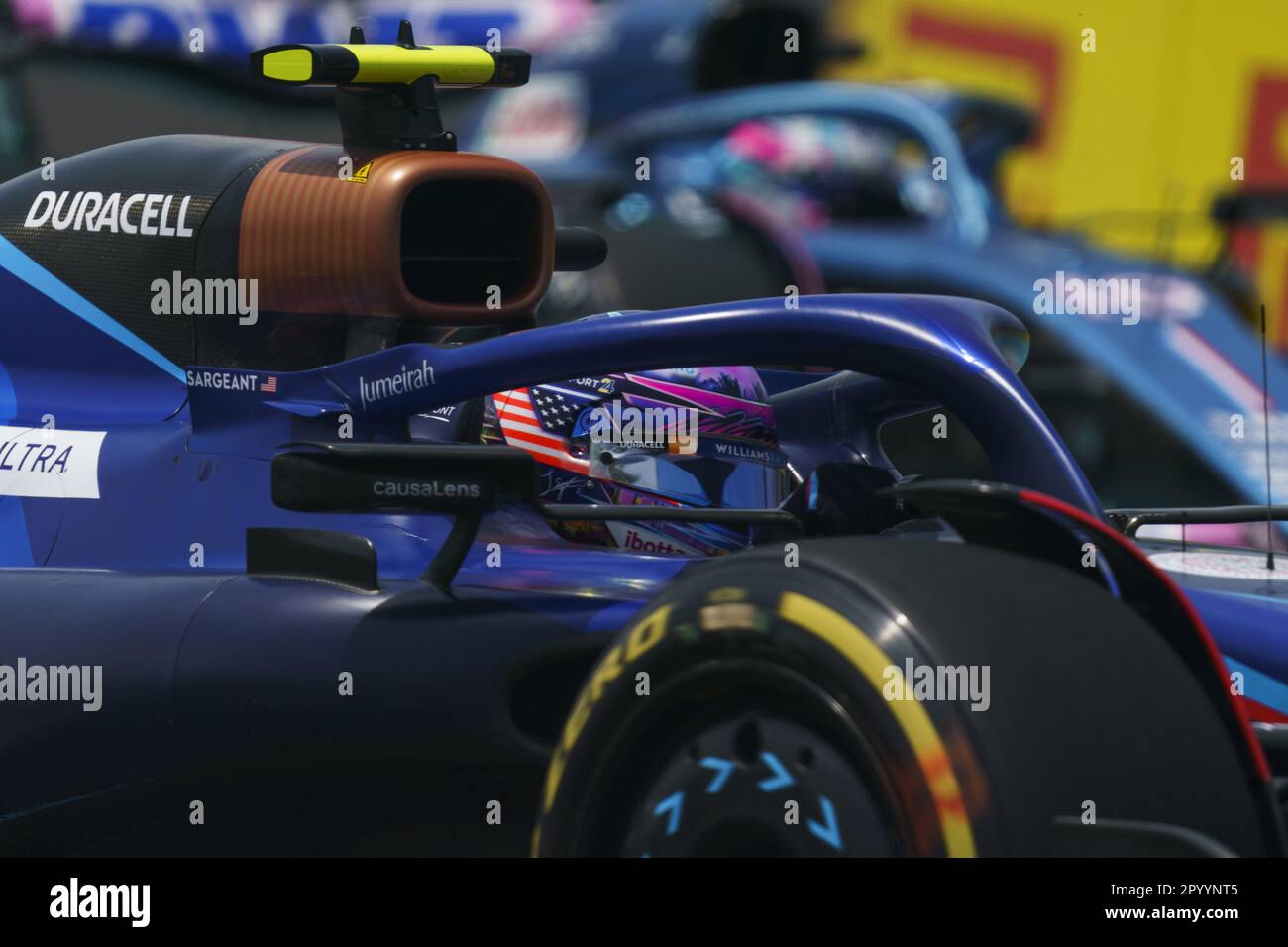 Miami Gardens, Usa. 05. Mai 2023. Amerikanischer Formel-1-Fahrer Logan SarSergeant von Williams Racing in Aktion während der ersten Trainingseinheit für die Formel-1 Grand Prix​ von Miami am Miami International Autodrome in Miami Gardens, Florida, am Freitag, den 5. Mai 2023. Foto: Greg Nash/UPI Credit: UPI/Alamy Live News Stockfoto