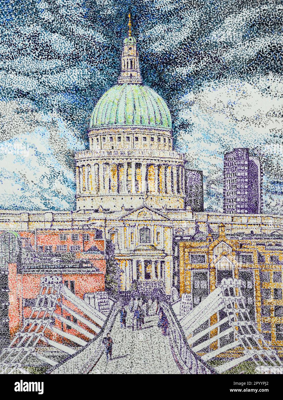 Pointillistische Farbzeichnung der St. Pauls-Kathedrale und der Millennium-Fußgängerbrücke Stockfoto