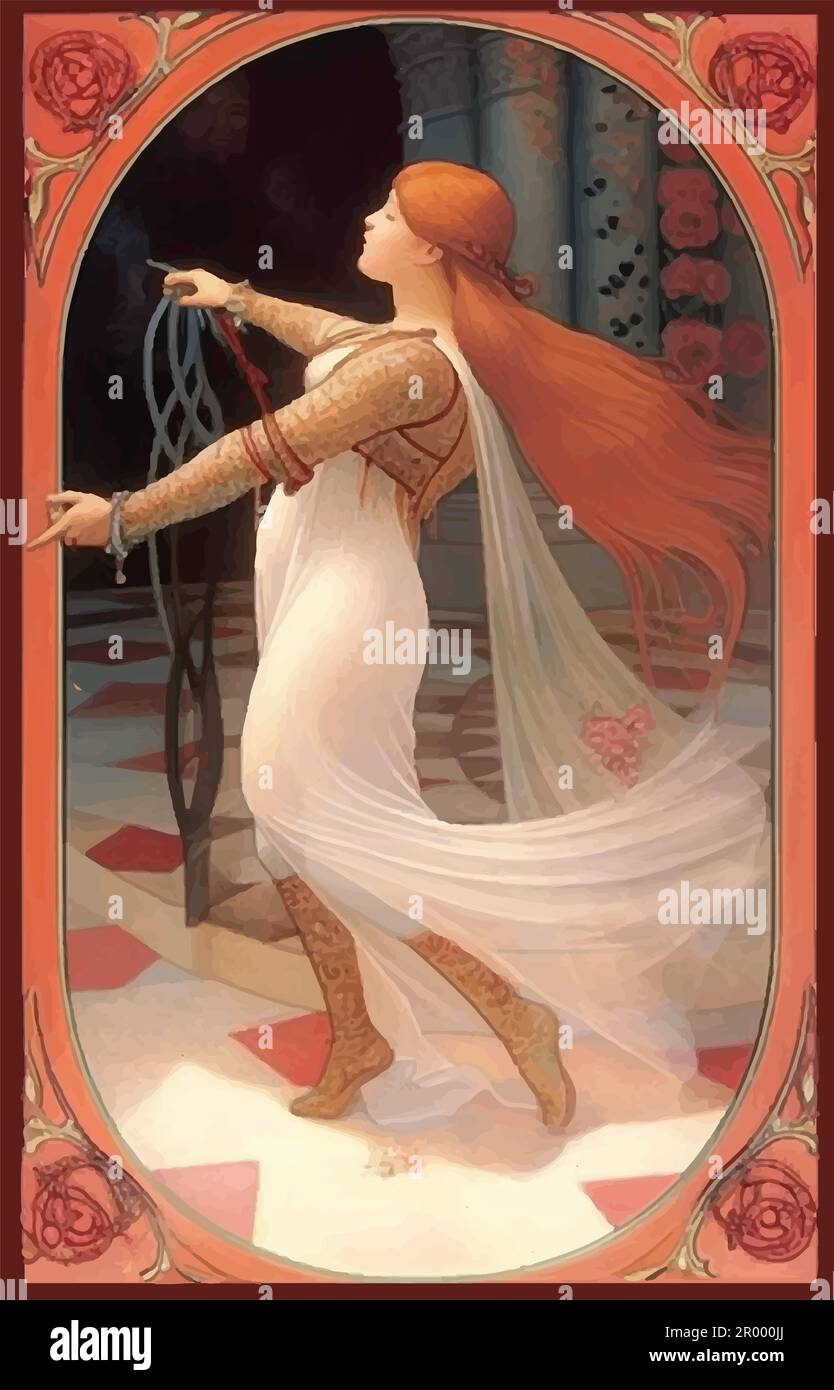 Jugendstilfrau mit langen roten Haaren, fließendem weißen Kleid, Mucha-Stil Stock Vektor