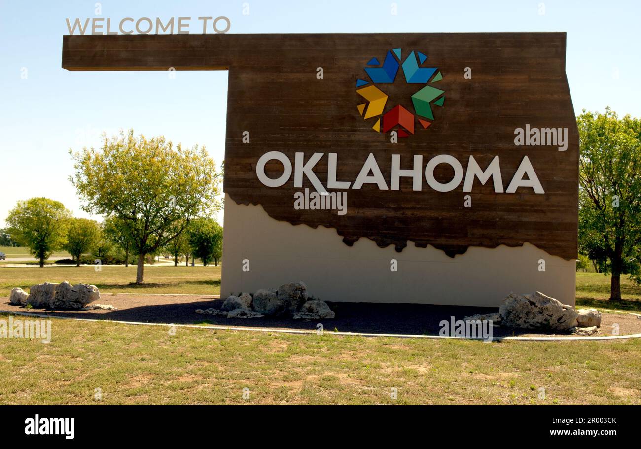 Das Schild „Willkommen in Oklahoma“ im OK Welcome Center, USA. Stockfoto