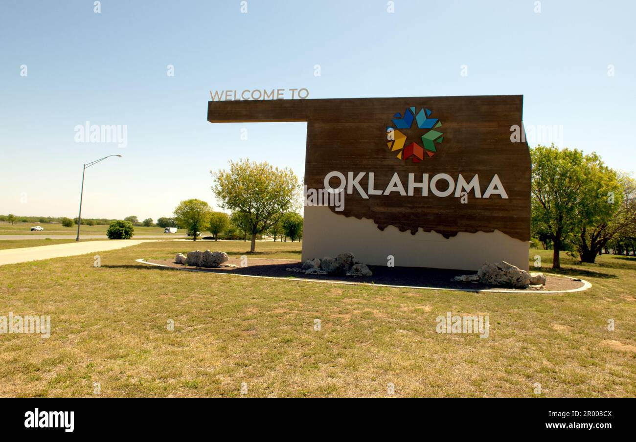 Das Schild „Willkommen in Oklahoma“ im OK Welcome Center, USA. Stockfoto