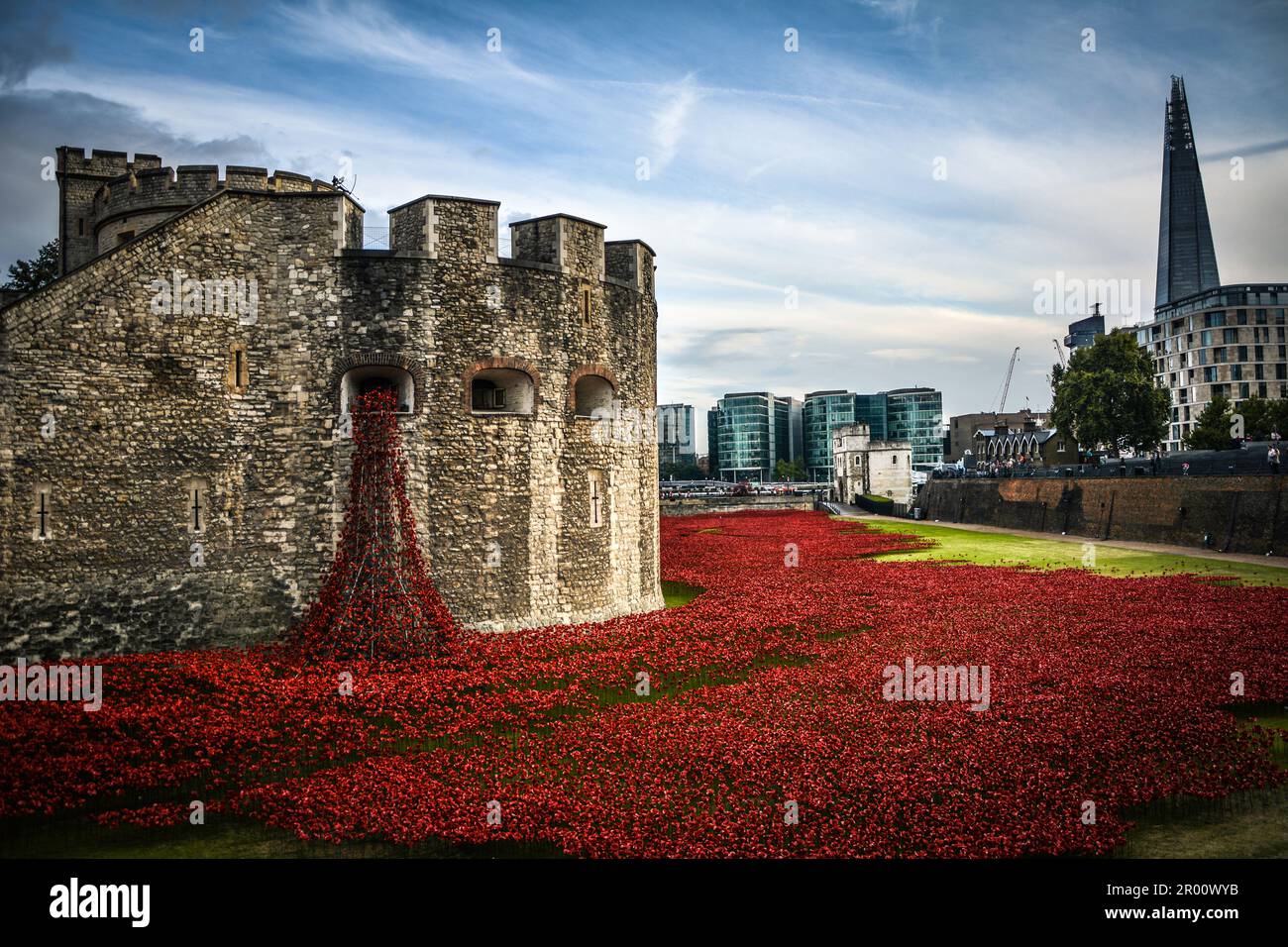 Der Tower of London, umgeben von Red Poppies Stockfoto