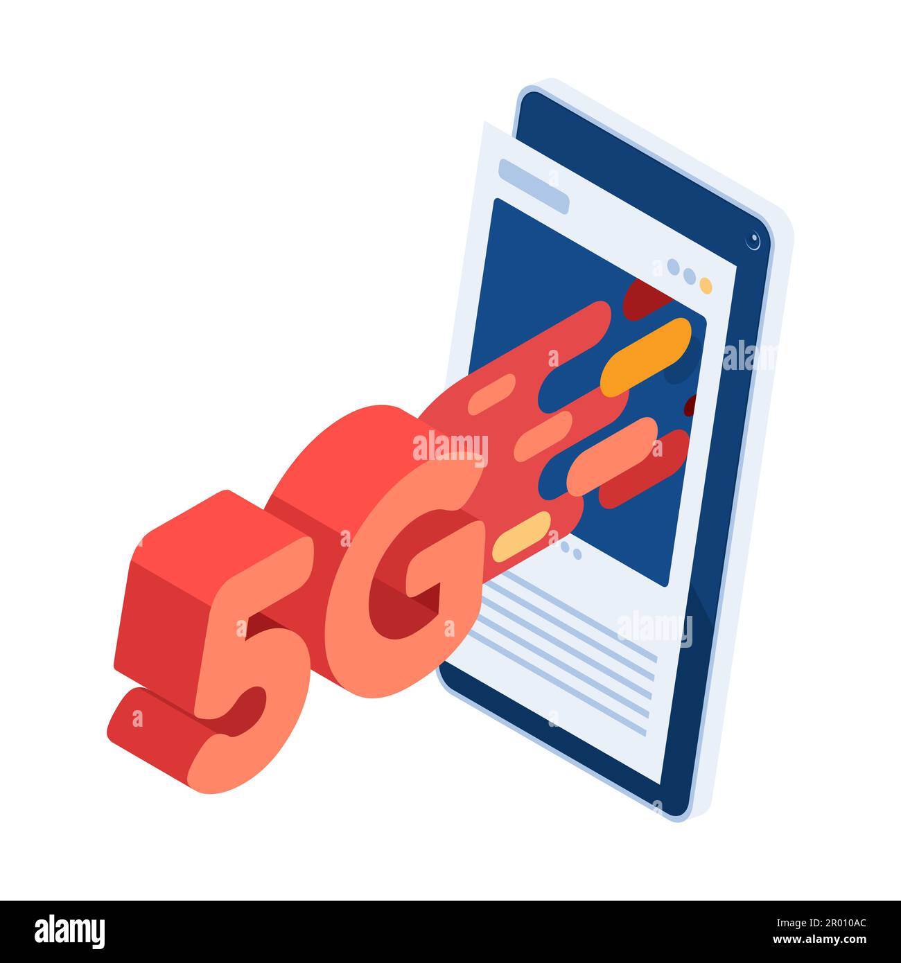 Flaches 3D Isometrisches 5G-Hochgeschwindigkeitsnetzwerk kommt aus sozialen Medien. 5G High-Speed-Netzwerktechnologie und drahtlose Internetverbindung Stock Vektor