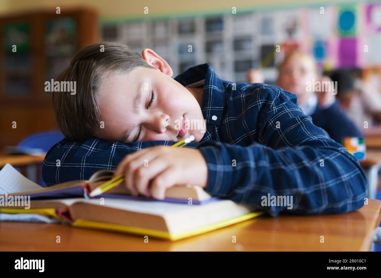 Ich habe letzte Nacht nicht richtig geschlafen. Ein Junge, der tagsüber in seinen Büchern schläft. Stockfoto