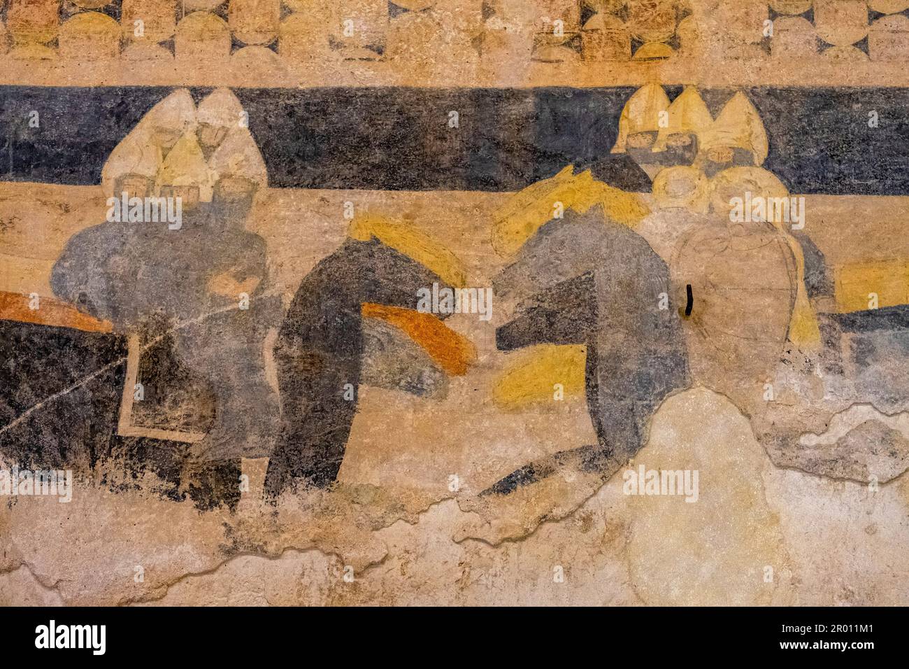 Kämpfen Sie entre caballeros, fresco románico, Ermita de San Miguel, siglo VII, construida durante el reinado visigodo de Wamba, Gormaz, Soria, Comunidad Stockfoto