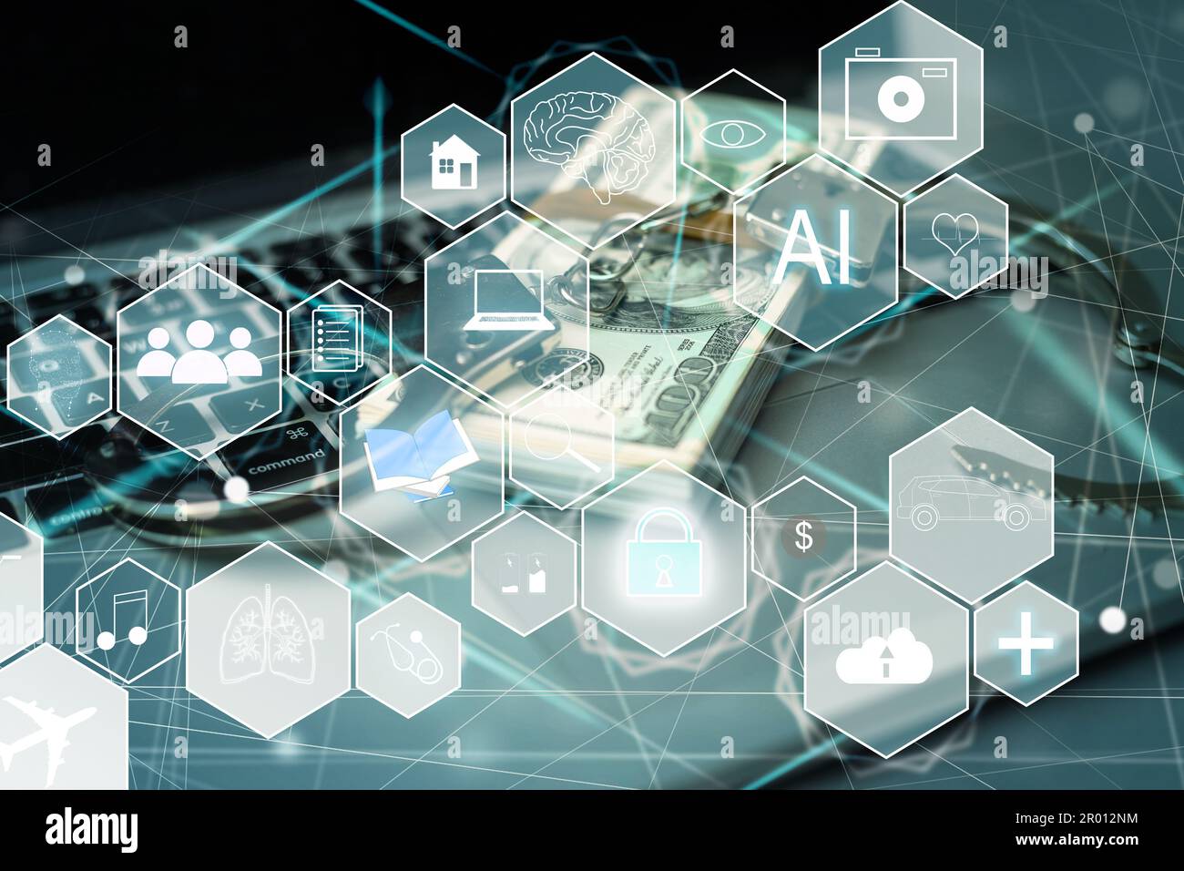 KI-Konzept (künstliche Intelligenz). Elektronische Schaltung. Kommunikationsnetzwerk. Stockfoto