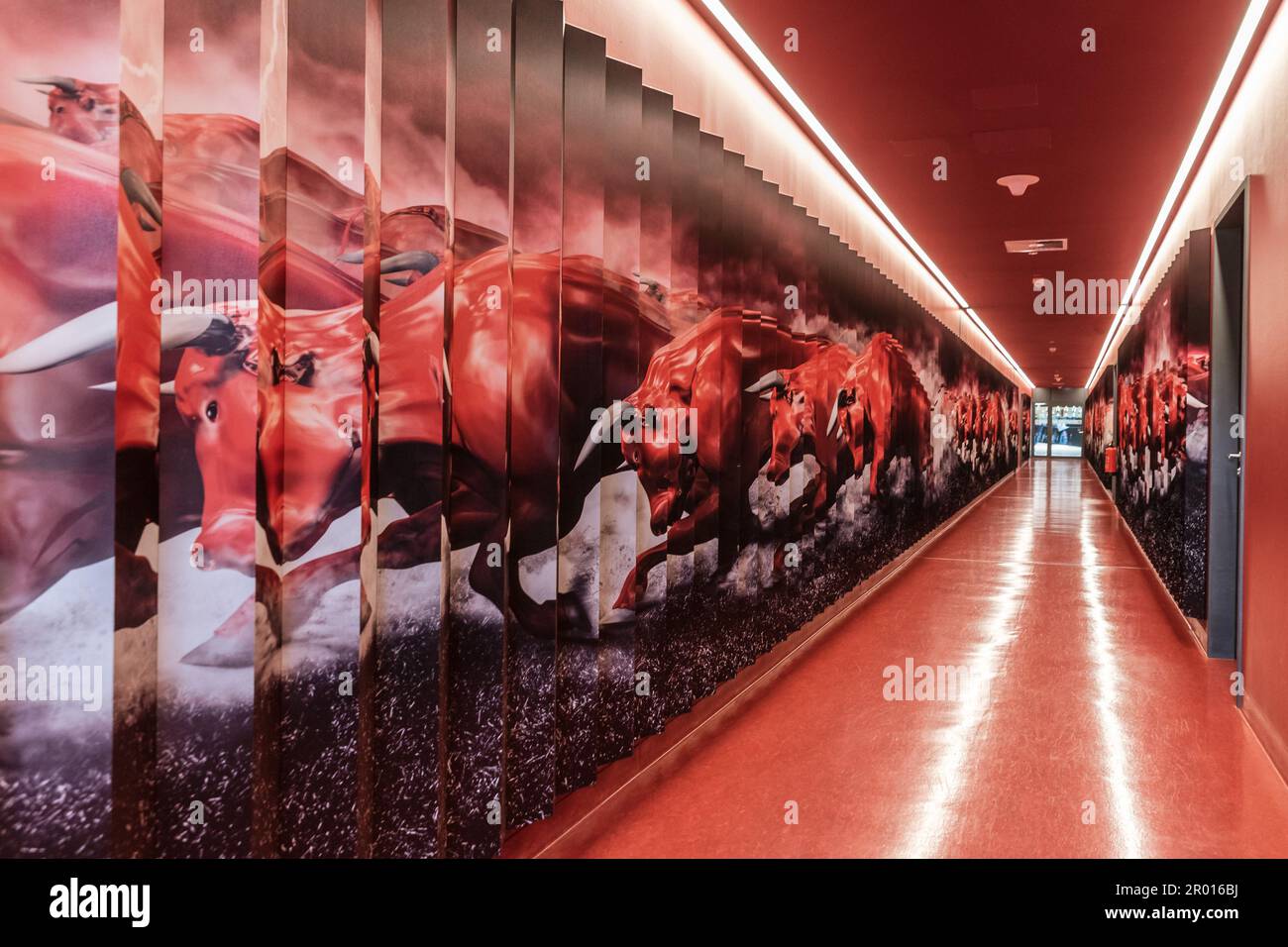 LEIPZIG, DEUTSCHLAND - 9. OKTOBER 2018: Arena Red Bull Leipzig - Korridor vom Besucherumkleideraum zum Spielfeld. Stockfoto