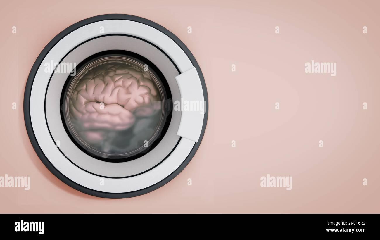 Gehirn in der Waschmaschine gewaschen. 3D-Darstellung. Stockfoto