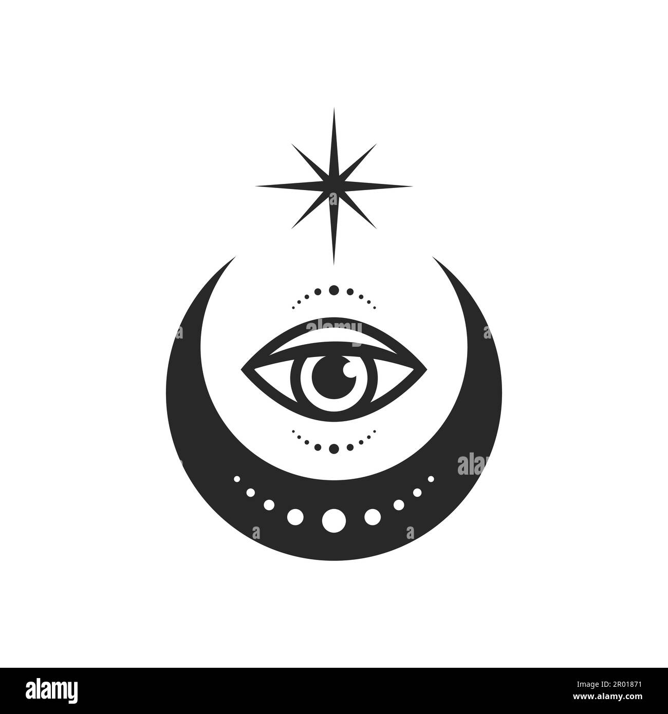 Mond- und allsehende Augenlinien-Kunstelement isoliert. Esoterische Zusammensetzung von Vektorelementen, Tattoo im Grafikdesign Stock Vektor