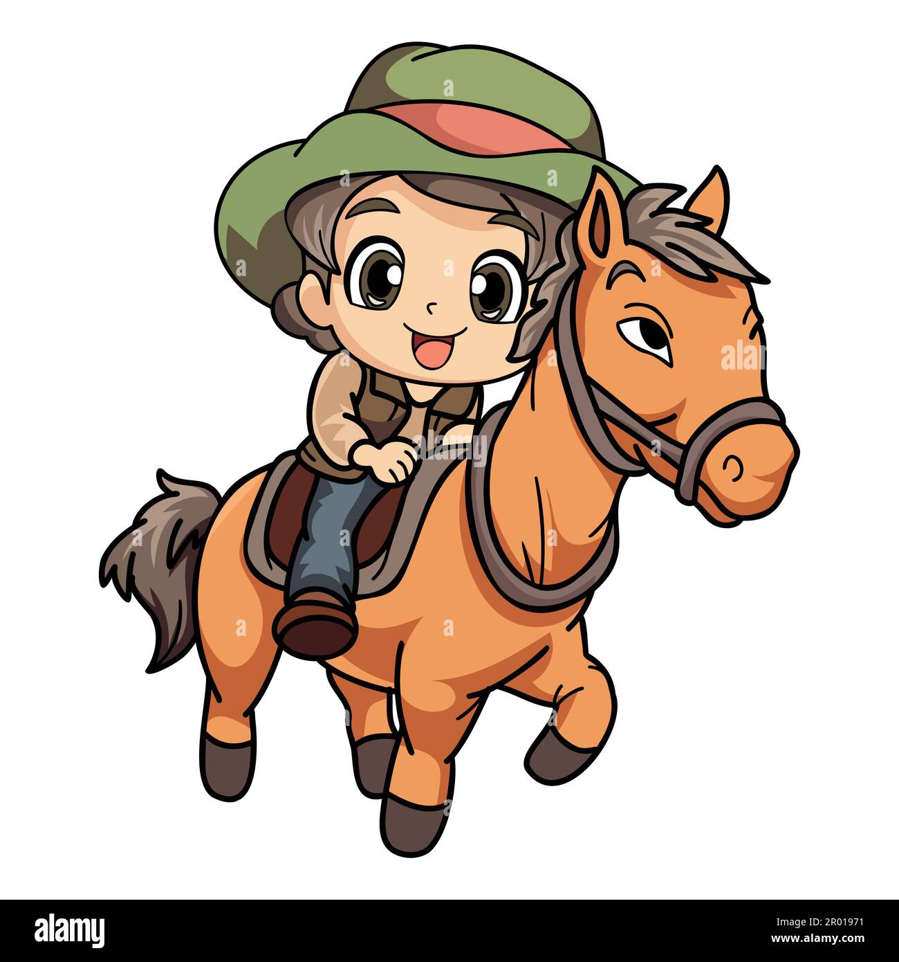 Glückliche Bauernfrau, die auf einer Pferdefigur im Doodle-Stil reitet, isoliert im Hintergrund Stock Vektor