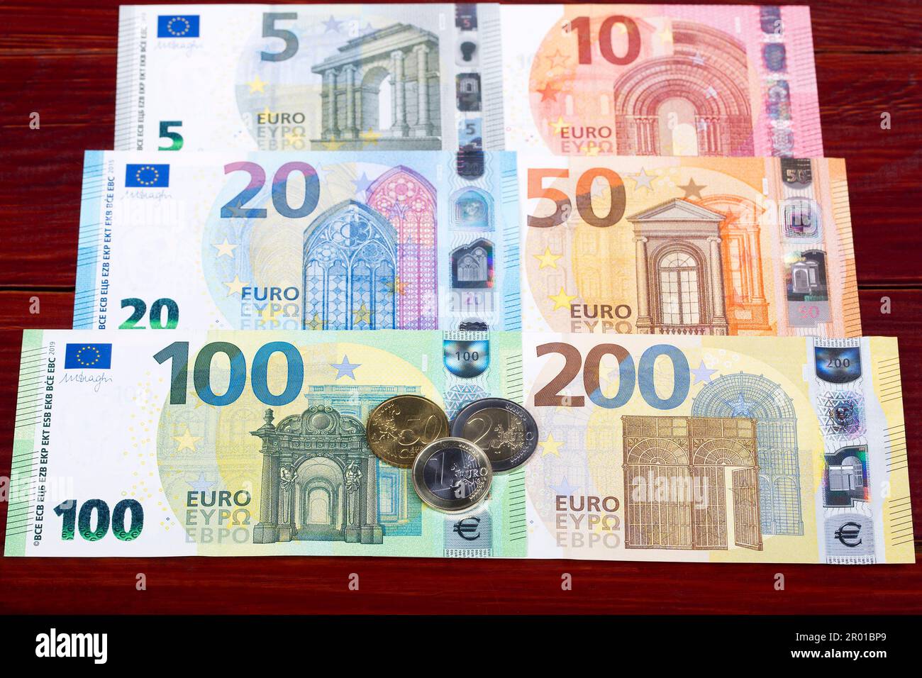 Europäisches Geld - Euro - Münzen und Banknoten Stockfoto