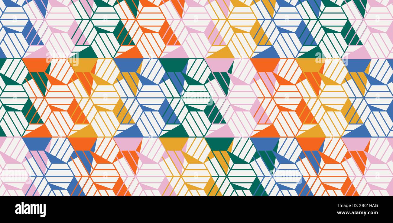 Lustiges, nahtloses Muster mit geometrischen Formen im 80s-Stil. Farbenfrohe geometrische Mosaikkulisse. Retro-Modehintergrund mit einfachen Figuren für das Web Stock Vektor