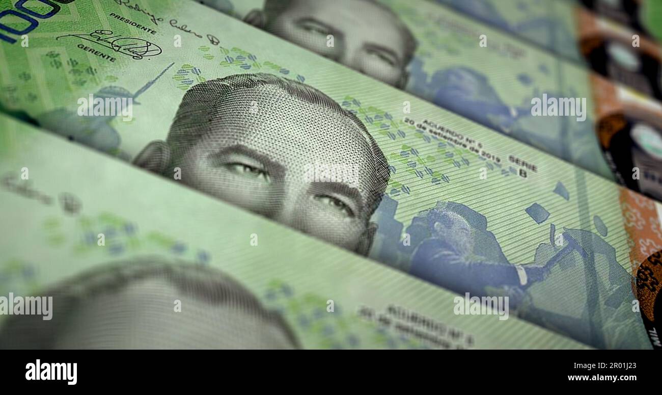 Costa Rica Colon Money Printing 3D Illustration. 10000 CRC-Banknotendruck. Finanzkonzept, Bargeld, Wirtschaftskrise, Geschäftserfolg, Rezession, Verbote Stockfoto