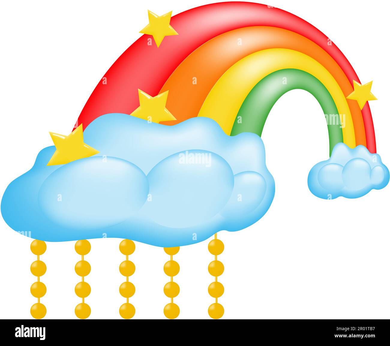Farbenfroher 3D-Regenbogen im Cartoon-Stil mit flauschigen Wolken und Perlen. Wanddekor für Kinderzimmer. Vektordarstellung. Stock Vektor