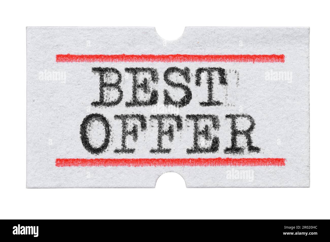 Bestes Angebot mit Schreibmaschinenschrift auf Preisschild, isoliert auf weißem Hintergrund Stockfoto