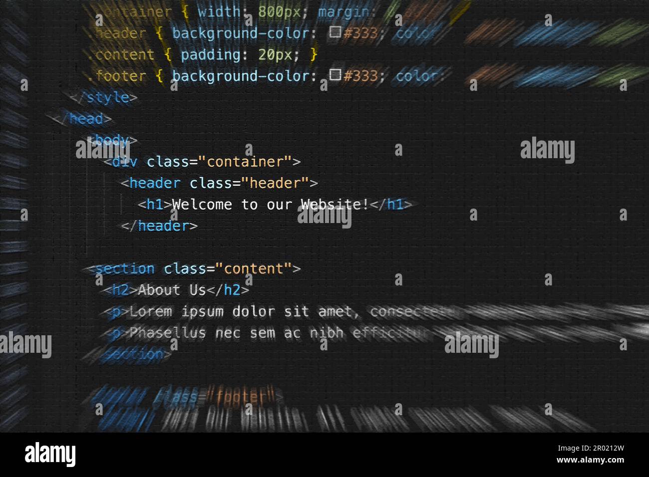 HTML-Website-Code. Farbenfrohes Programmierskript einer Internetseite. Symbolisch für Cybersicherheit und Softwareentwicklung. Stockfoto