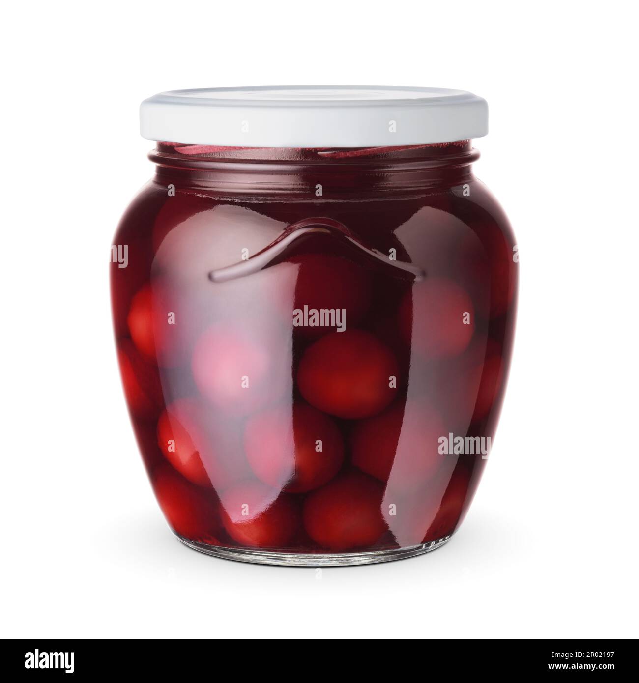Dose mit Kirschen oder Marmelade isoliert auf weißem Hintergrund. Stockfoto