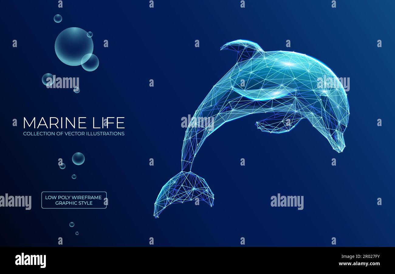 Polygonaler springender Delfin auf blauem Hintergrund. Meereslebewesen-Konzept. Stock Vektor