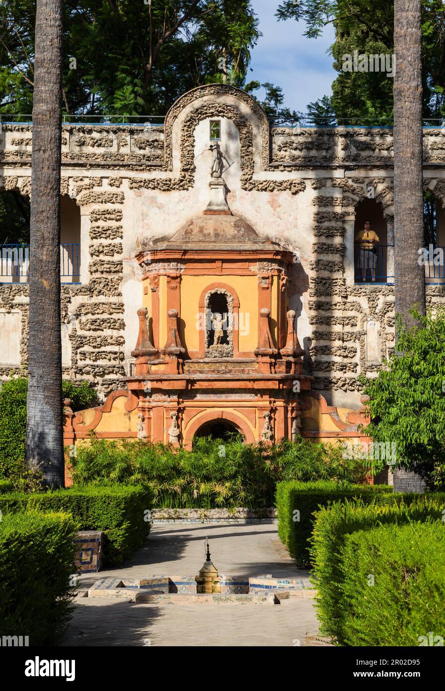 Spanien, Region Andalusien. Details des Alcazar Royal Palace Gartens in Sevilla Stockfoto