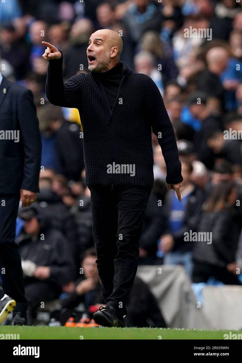 Der Manchester City Head Coach, Pep Guardiola, reagiert auf das (nicht abgebildete) Elfmeterschießen von Ilkay Gundogan in Manchester City während des Premier League-Spiels im Etihad-Stadion in Manchester. Foto: Samstag, 6. Mai 2023. Stockfoto