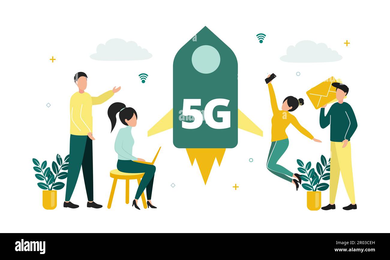 Vektordarstellung des 5G-Internets. Männer und Frauen mit einem Smartphone, Laptop und einem Umschlag in der Nähe einer Rakete mit einem 5G-Zeichen, im Hintergrund des Netzwerks Stock Vektor